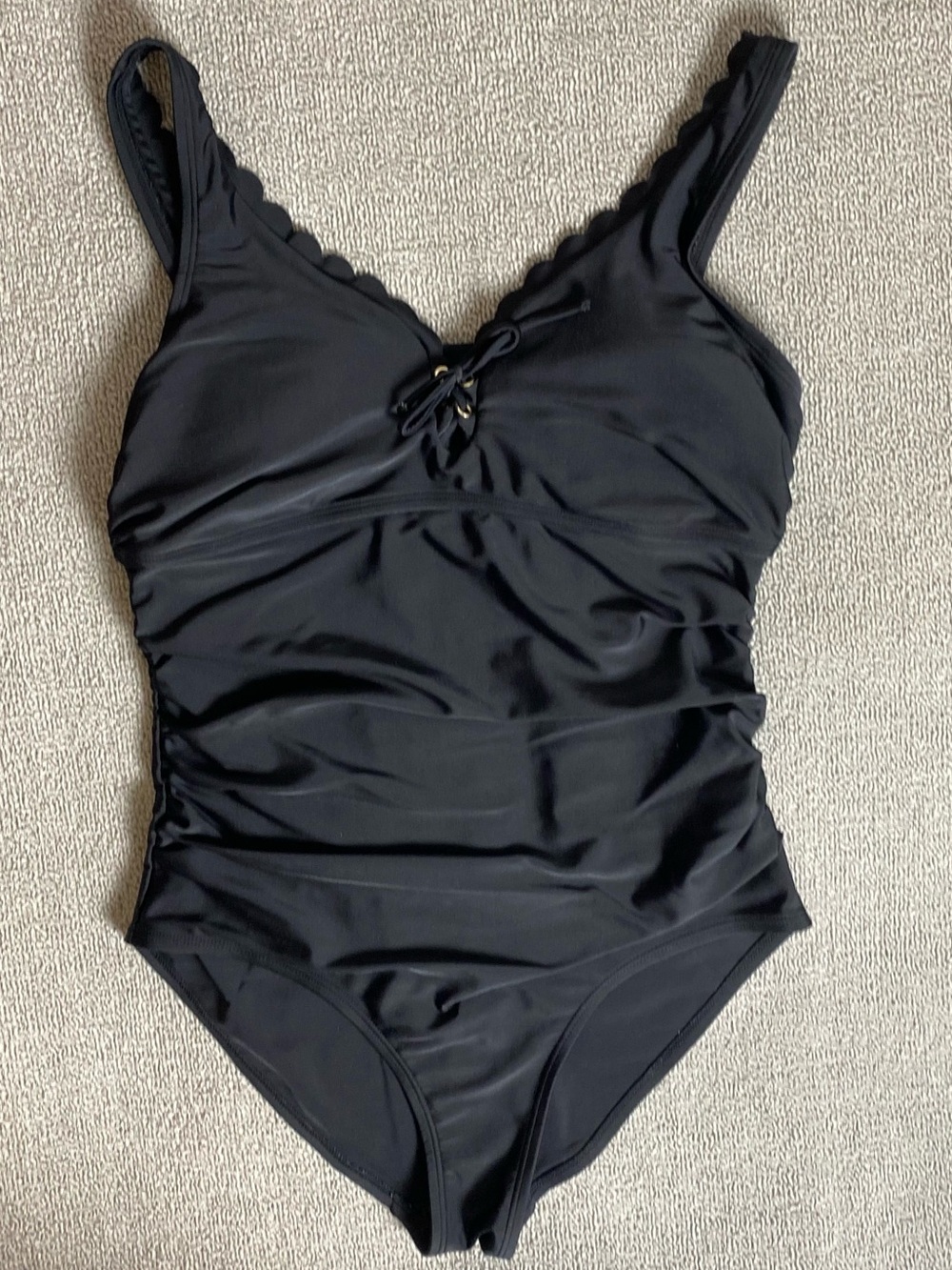Kona Sol Large Black Ruched One-Piece Swimsuit- Scalloped Beach Summer Vacation